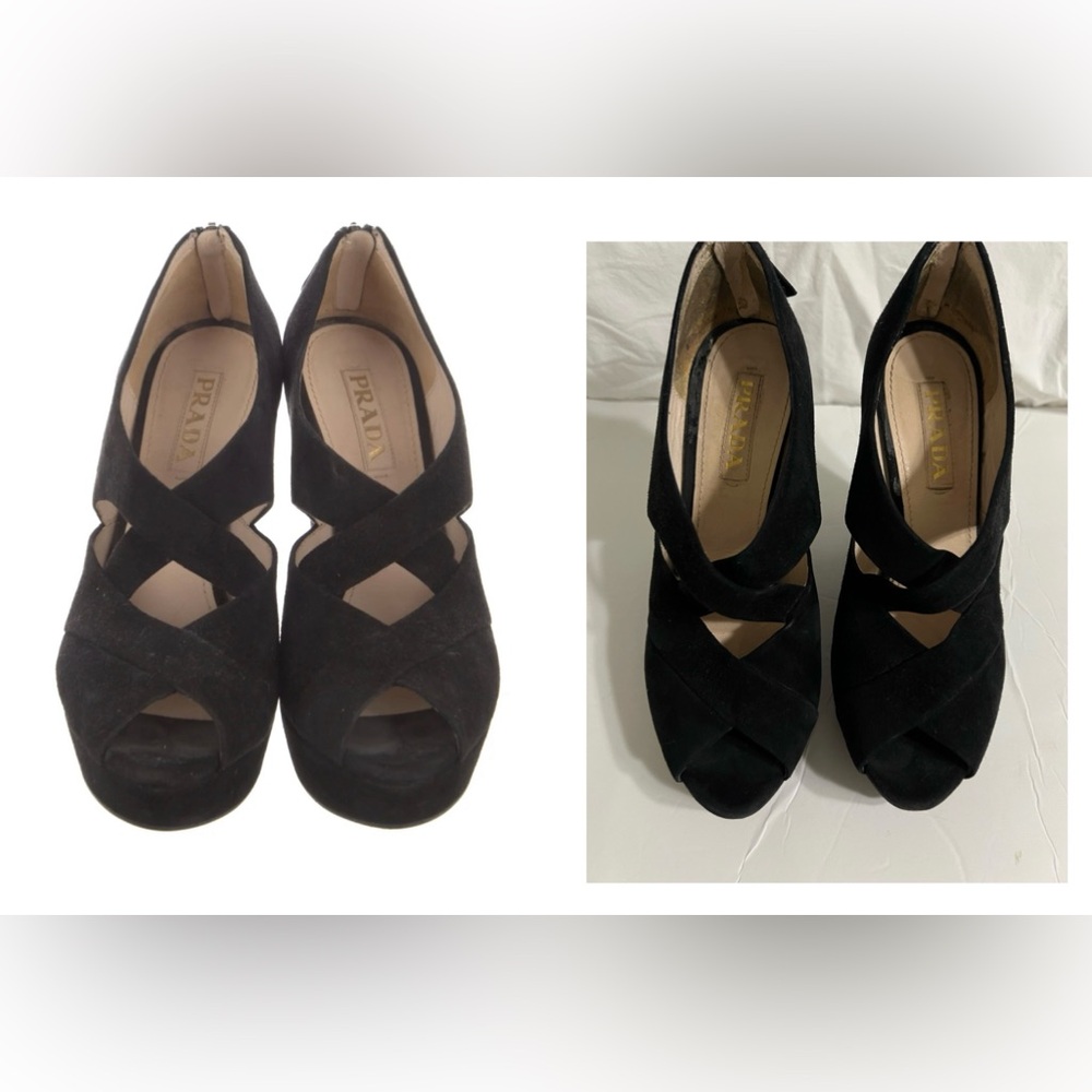 Prada Suede Sandals Black Cutout Accent Slingback Wedge Style Quality Leather